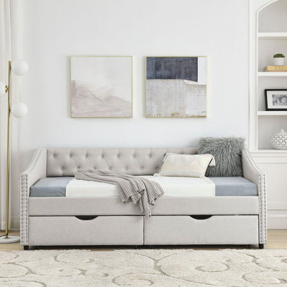 Upholstered Tufted Daybed With 2 Drawers, Waved Arms - The Sleep Loft - Online Mattress Showroom NYC