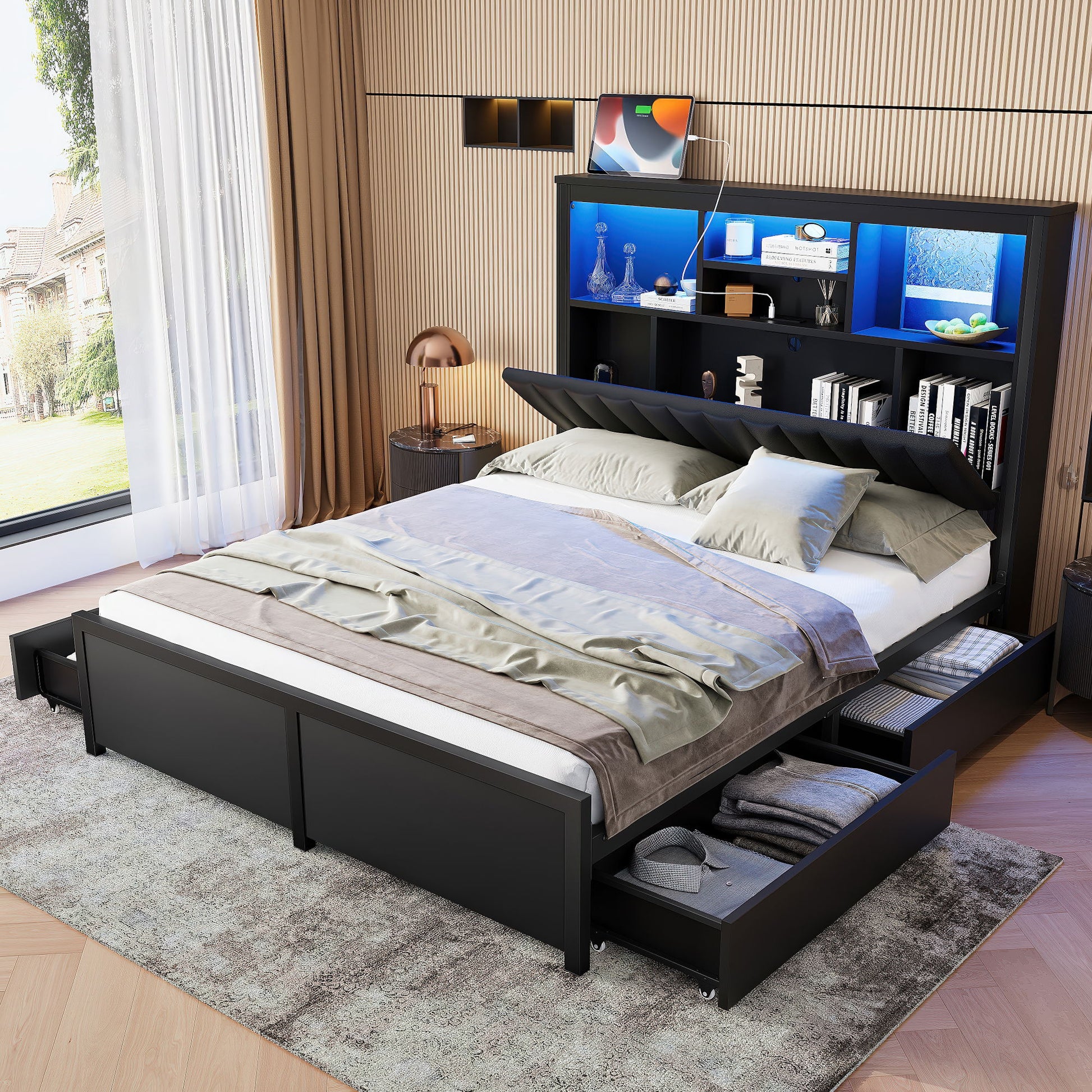 Bed Frame With High Storage Headboard, LED Light And Charging Station, 4 Storage Drawers - The Sleep Loft - Online Mattress Showroom NYC