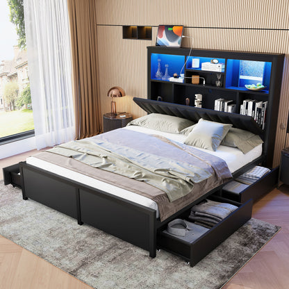 Bed Frame With High Storage Headboard, LED Light And Charging Station, 4 Storage Drawers - The Sleep Loft - Online Mattress Showroom NYC