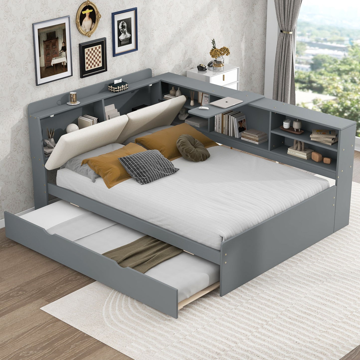 Platform Bed With Trundle, Shelves, And Storage Headboard - The Sleep Loft - Online Mattress Showroom NYC