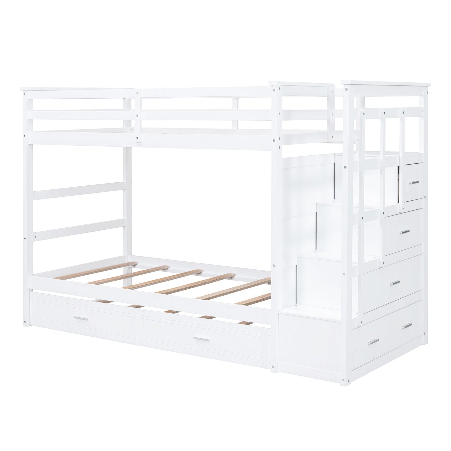 Twin Over Twin Bunk Bed With Trundle And Staircase - White - The Sleep Loft - Online Mattress Showroom NYC