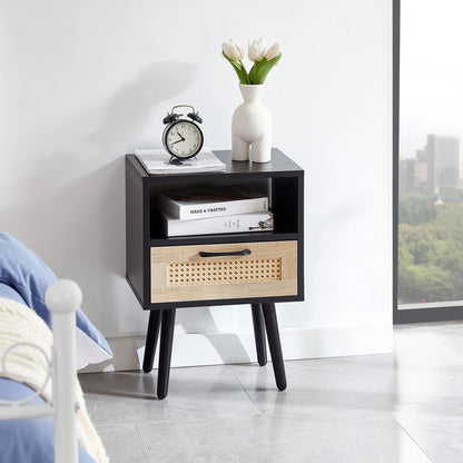 15.75" Rattan End Table With Drawer And Solid Wood Legs, Modern Nightstand, Side Table For Living Room, Bedroom - The Sleep Loft - Online Mattress Showroom NYC