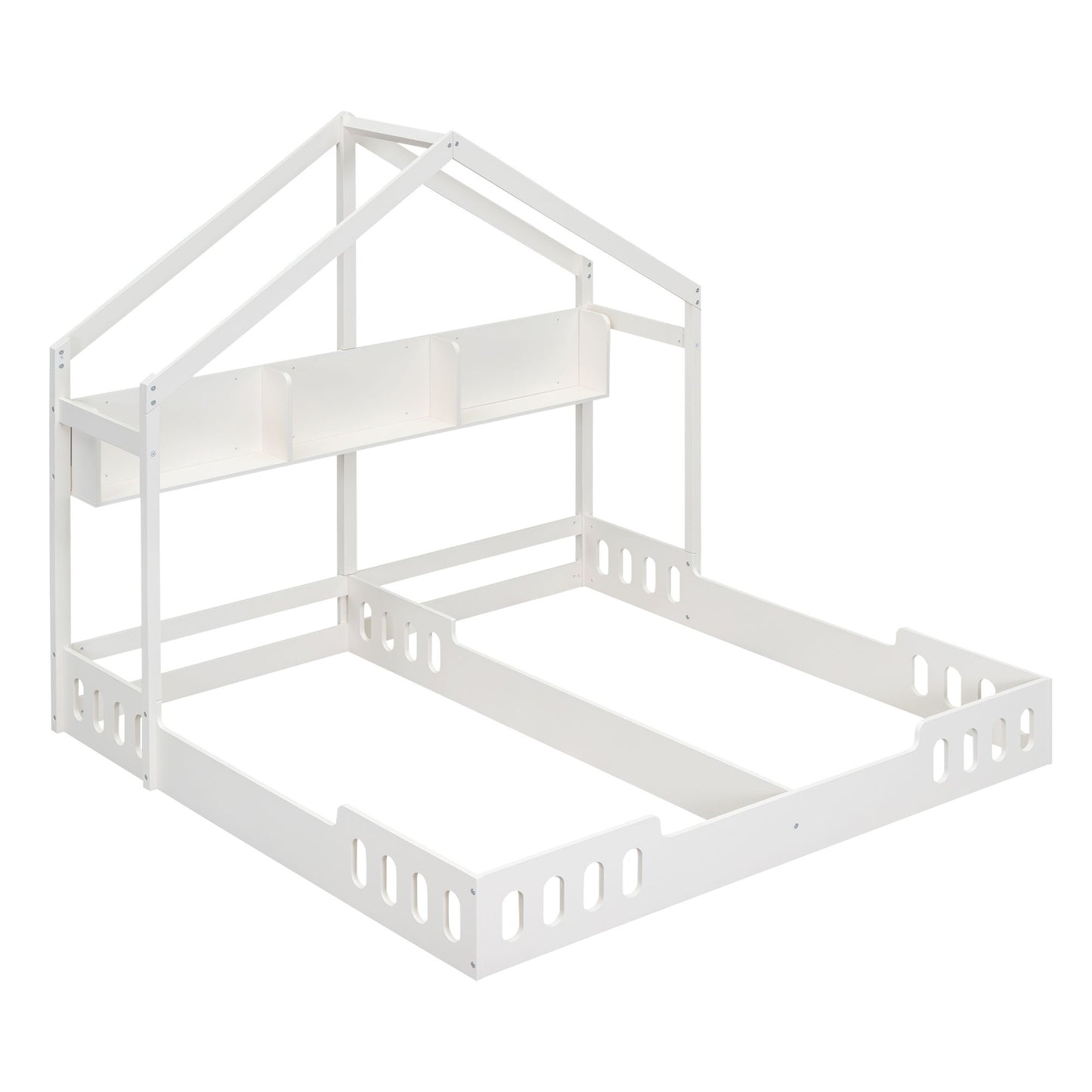 Twin Size Platform Bed With Shared Design, Guardrails, And Built In Shelves - Creamy White - The Sleep Loft - Online Mattress Showroom NYC