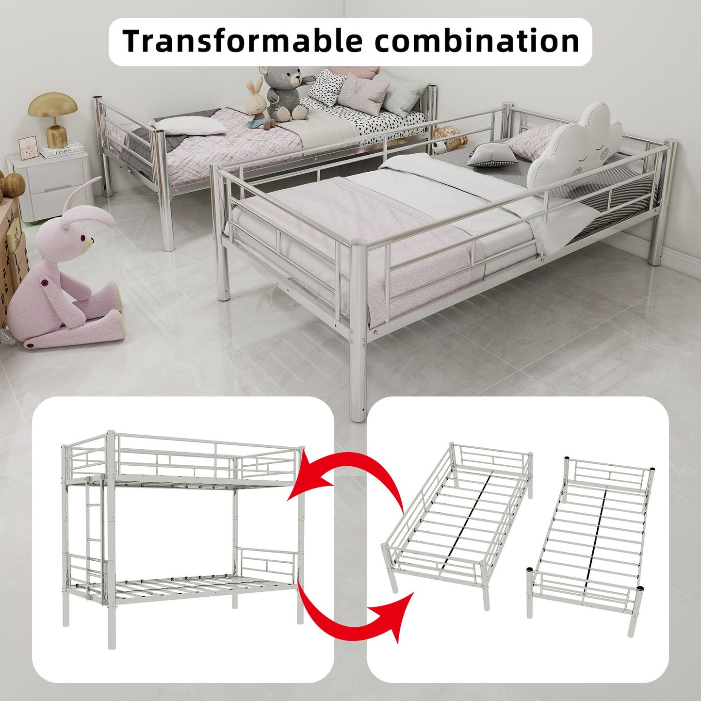 Metal Bunk Bed For Kids, Convertible Bedframe With Ladders & Guardrail - The Sleep Loft - Online Mattress Showroom NYC