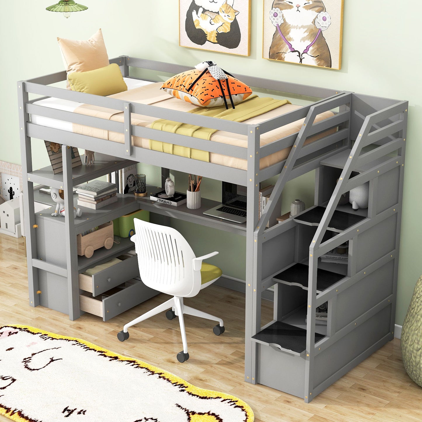 Loft Bed With Desk, Shelves, 2 Drawers, Storage Staircase - The Sleep Loft - Online Mattress Showroom NYC