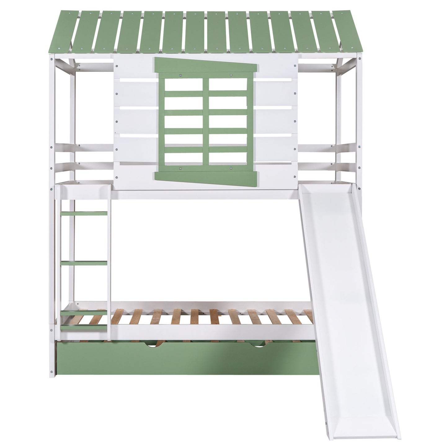 Twin Over Twin House Bunk Bed With Convertible Slide And Trundle - White - The Sleep Loft - Online Mattress Showroom NYC