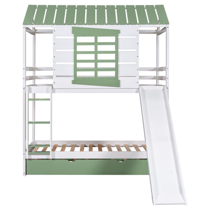 Twin Over Twin House Bunk Bed With Convertible Slide And Trundle - White - The Sleep Loft - Online Mattress Showroom NYC