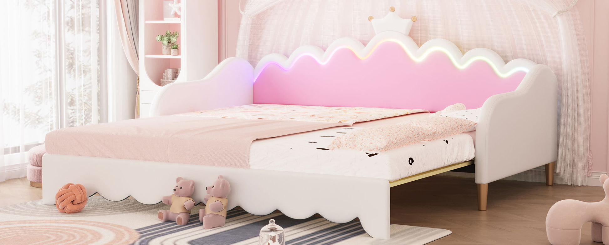 Extending Daybed With LED Lights, Modern Upholstered Princess Daybed With Crown Headboard - The Sleep Loft - Online Mattress Showroom NYC