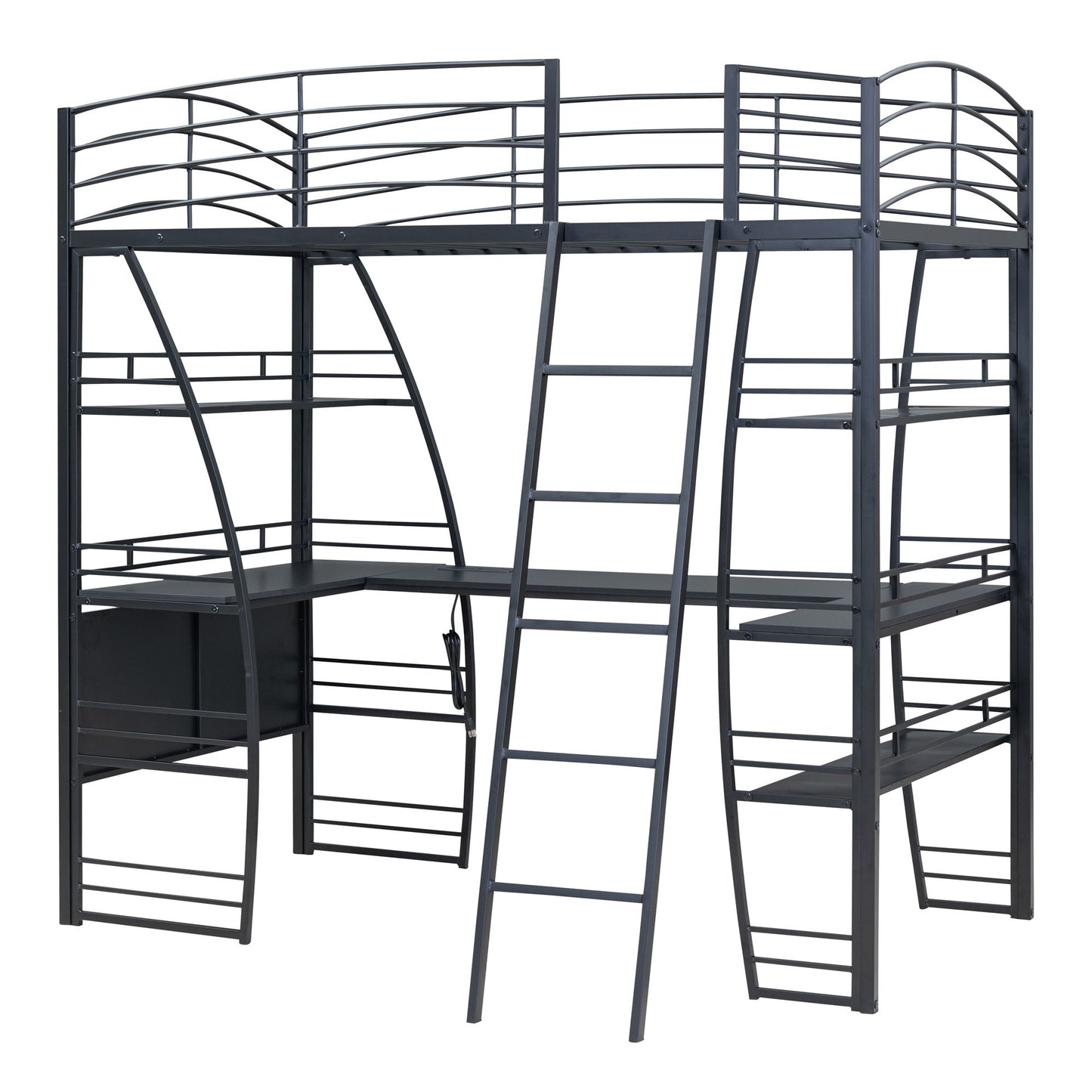 Loft Bed With 4 Layers Of Shelves And L-Shaped Desk, Stylish Metal Frame Bed With A Set Of Sockets, USB Ports And And Wireless Charging - The Sleep Loft - Online Mattress Showroom NYC