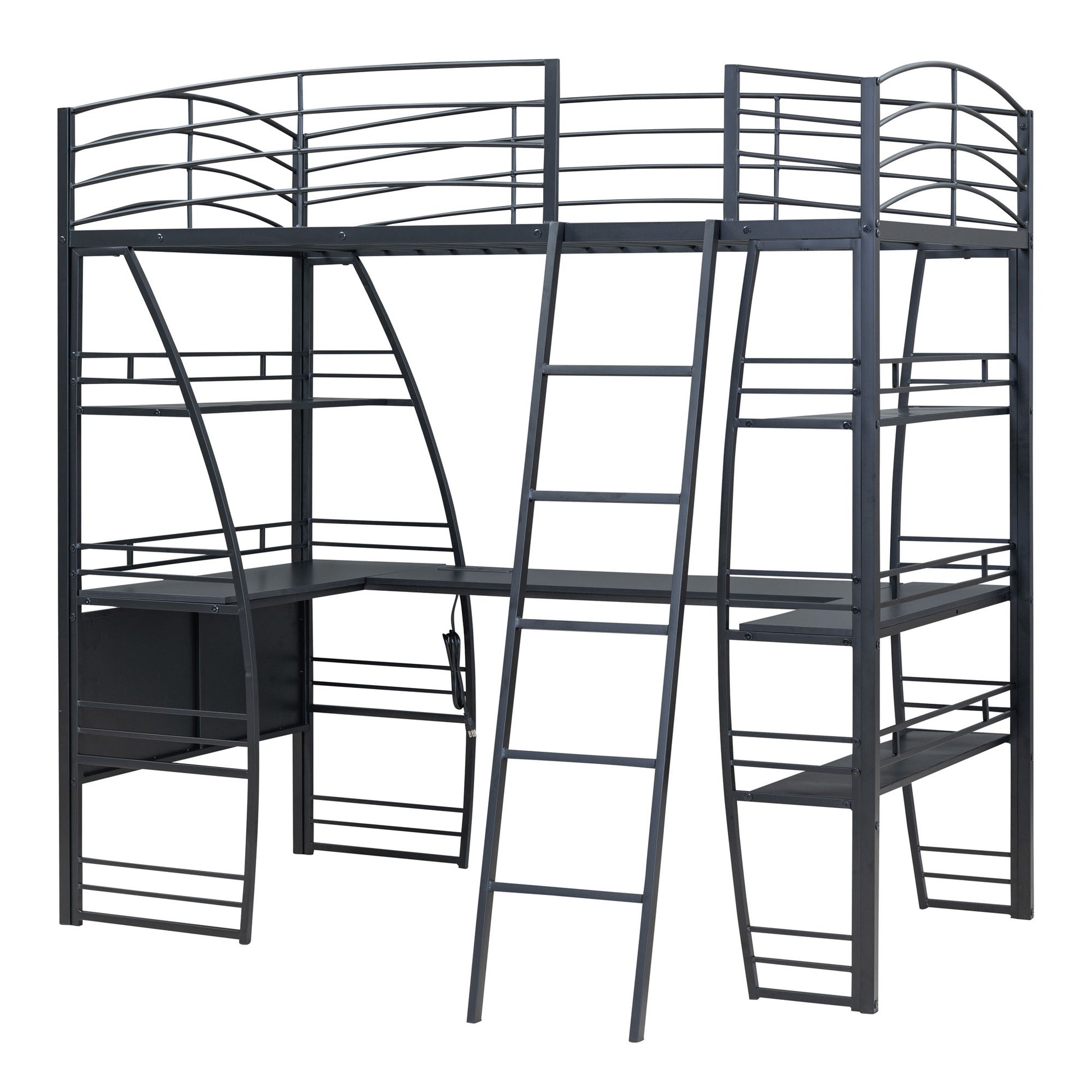 Loft Bed With 4 Layers Of Shelves And L-Shaped Desk, Stylish Metal Frame Bed With A Set Of Sockets, USB Ports And And Wireless Charging - The Sleep Loft - Online Mattress Showroom NYC