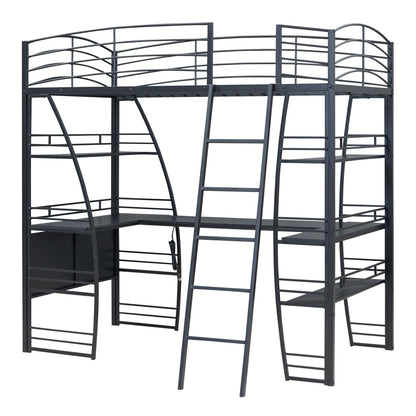 Loft Bed With 4 Layers Of Shelves And L-Shaped Desk, Stylish Metal Frame Bed With A Set Of Sockets, USB Ports And And Wireless Charging - The Sleep Loft - Online Mattress Showroom NYC