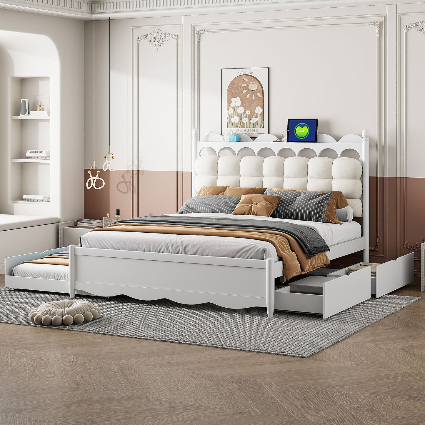 Storage Platform Bed, With 2 Big Drawers, Trundle, One Set Of Sockets & USB Ports - The Sleep Loft - Online Mattress Showroom NYC