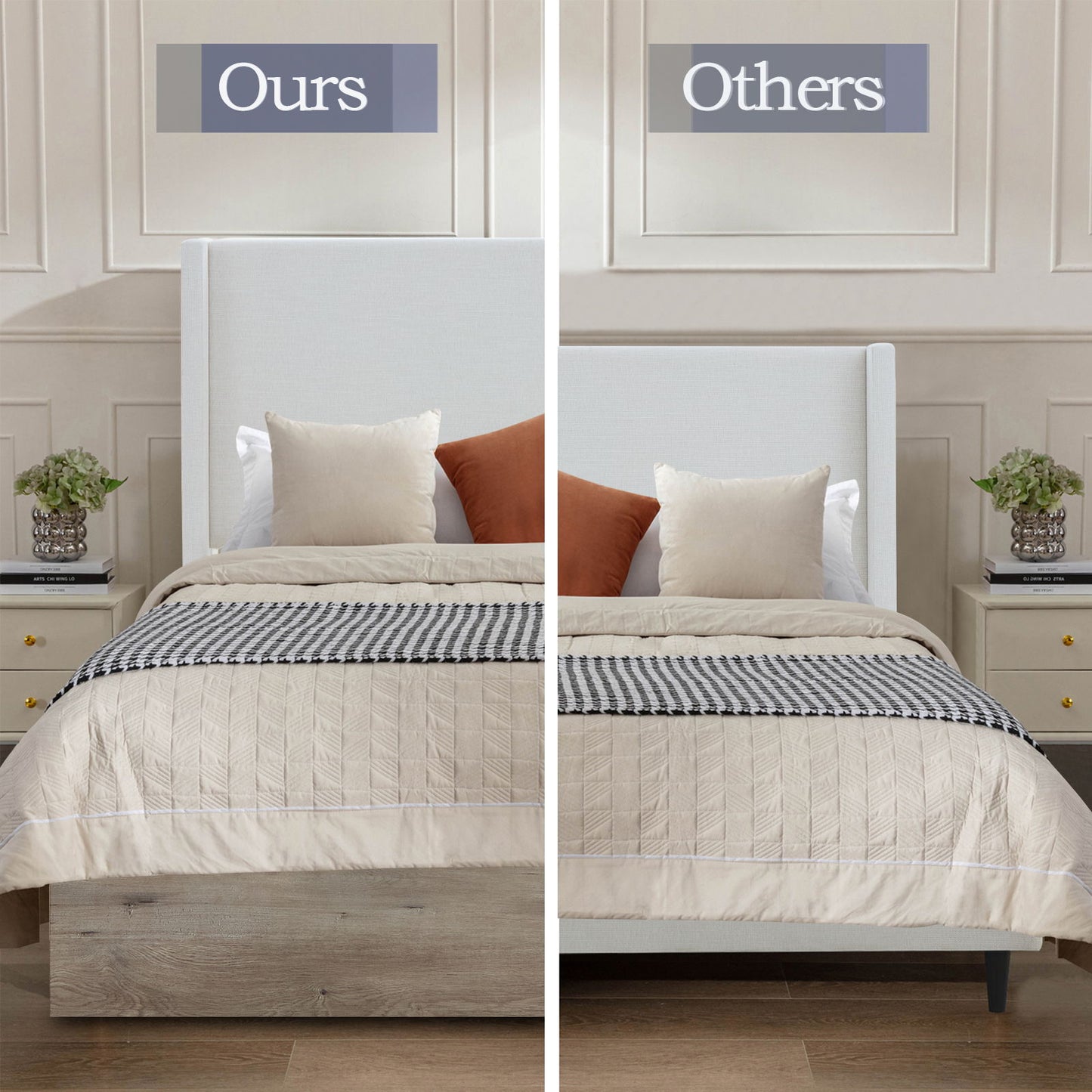 Shelton - Queen Upholstered Wingback Bed With 54" High Headboard - Ivory / Light Gray / Camel Oak - The Sleep Loft - Online Mattress Showroom NYC