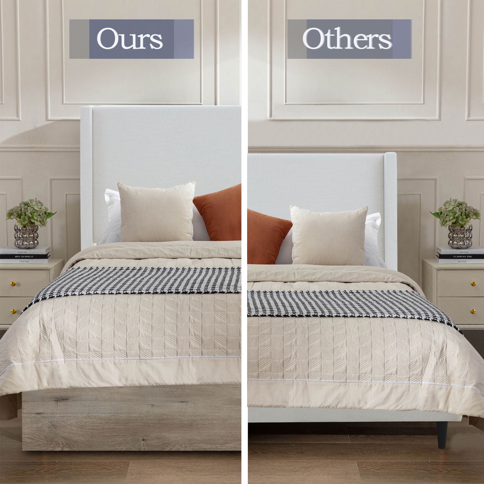 Shelton - Queen Upholstered Wingback Bed With 54" High Headboard - Ivory / Light Gray / Camel Oak - The Sleep Loft - Online Mattress Showroom NYC