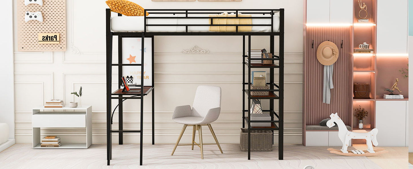 Loft Metal Bed With 3 Layers Of Shelves And Desk, Stylish Metal Frame Bed With board - The Sleep Loft - Online Mattress Showroom NYC