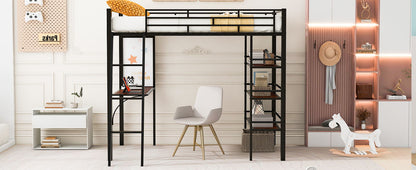 Loft Metal Bed With 3 Layers Of Shelves And Desk, Stylish Metal Frame Bed With board - The Sleep Loft - Online Mattress Showroom NYC