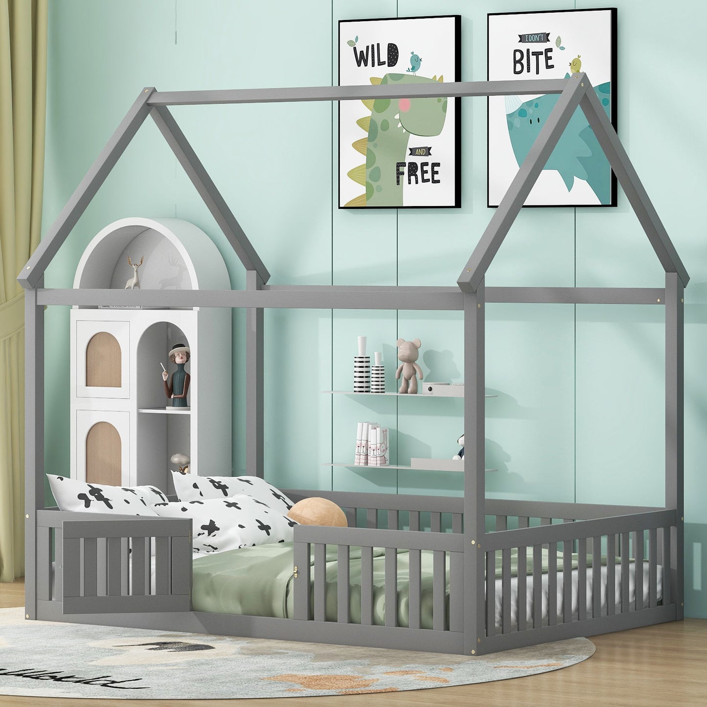 Wood House Bed With Fence And Door - The Sleep Loft - Online Mattress Showroom NYC