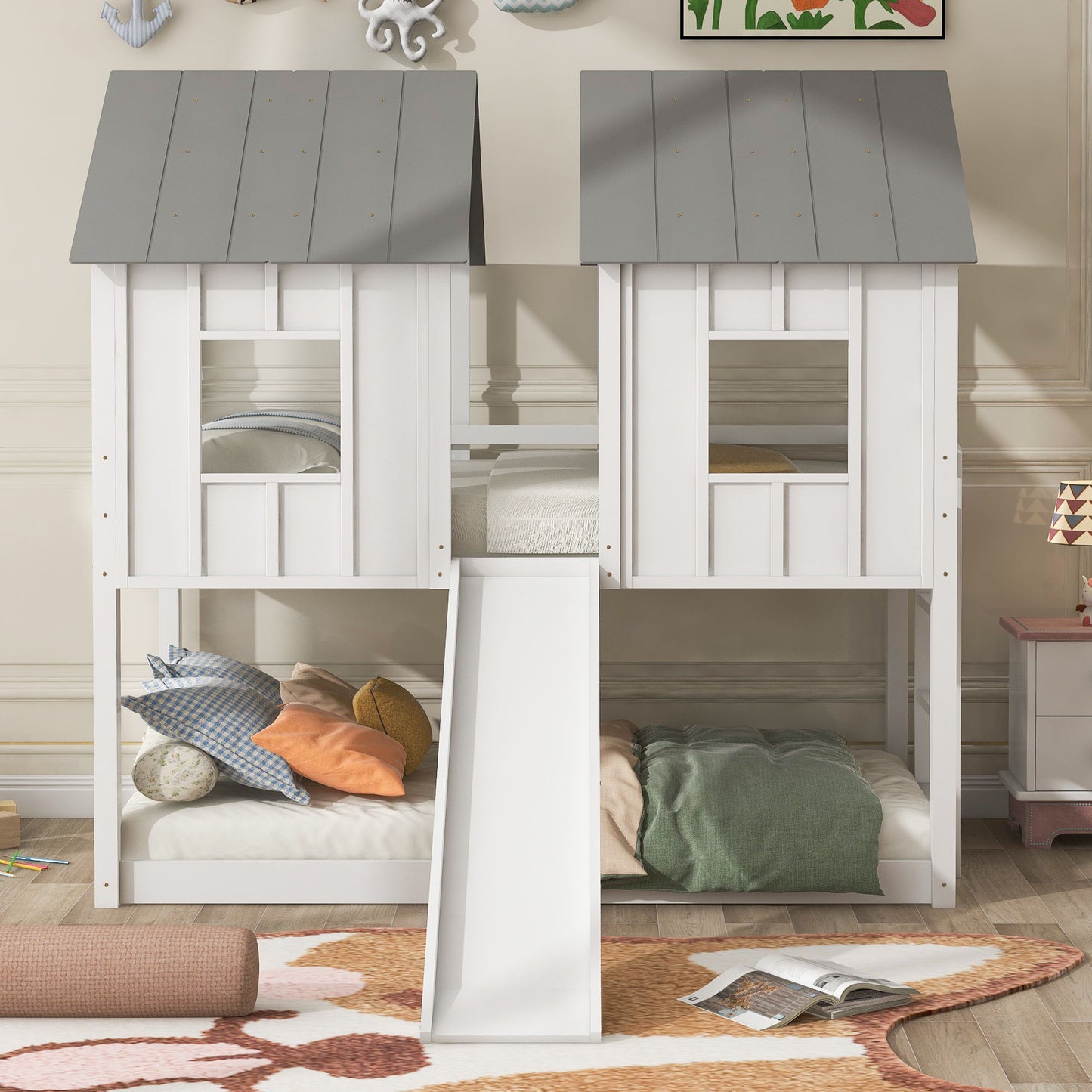 Twin Over Twin House Bunk Bed With Slide And Windows - White / Gray - The Sleep Loft - Online Mattress Showroom NYC