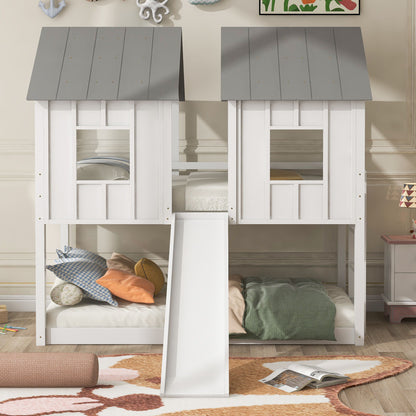 Twin Over Twin House Bunk Bed With Slide And Windows - White / Gray - The Sleep Loft - Online Mattress Showroom NYC