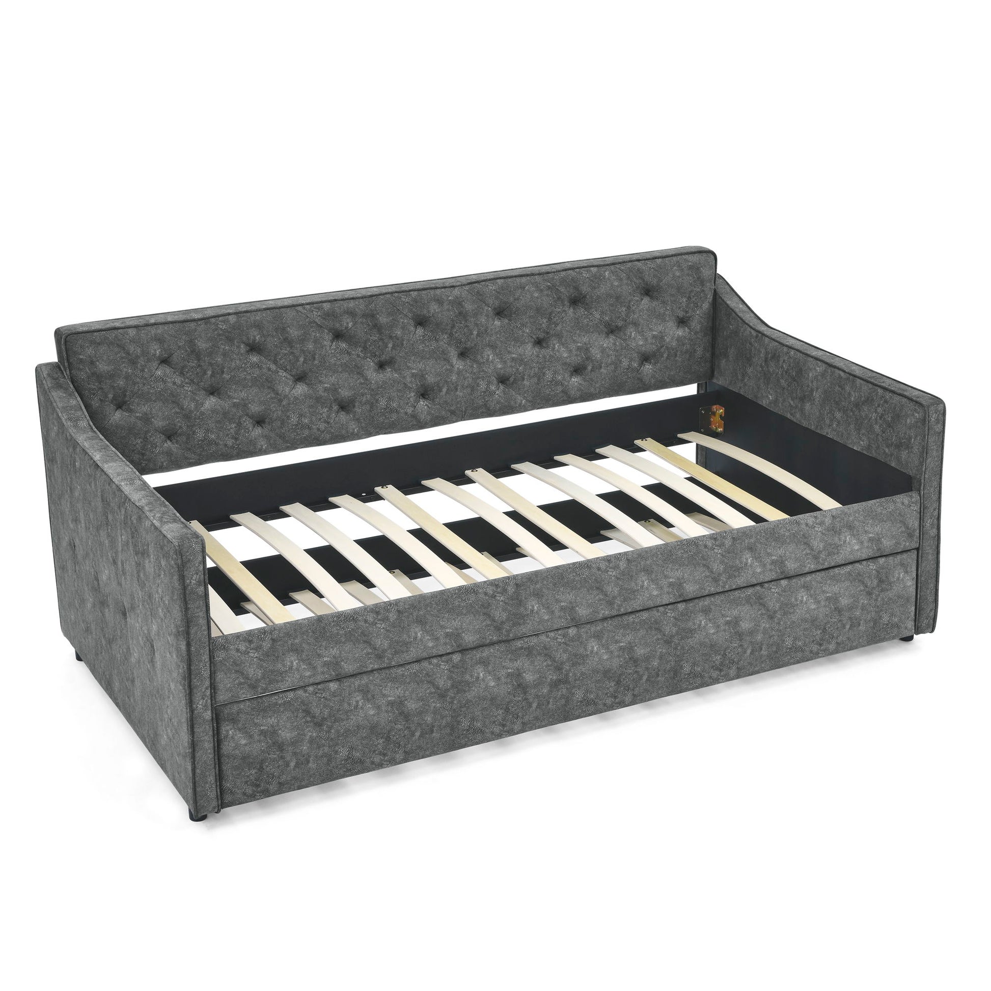 Twin Upholstered Daybed With Trundle, Waved Arms - Gray - The Sleep Loft - Online Mattress Showroom NYC