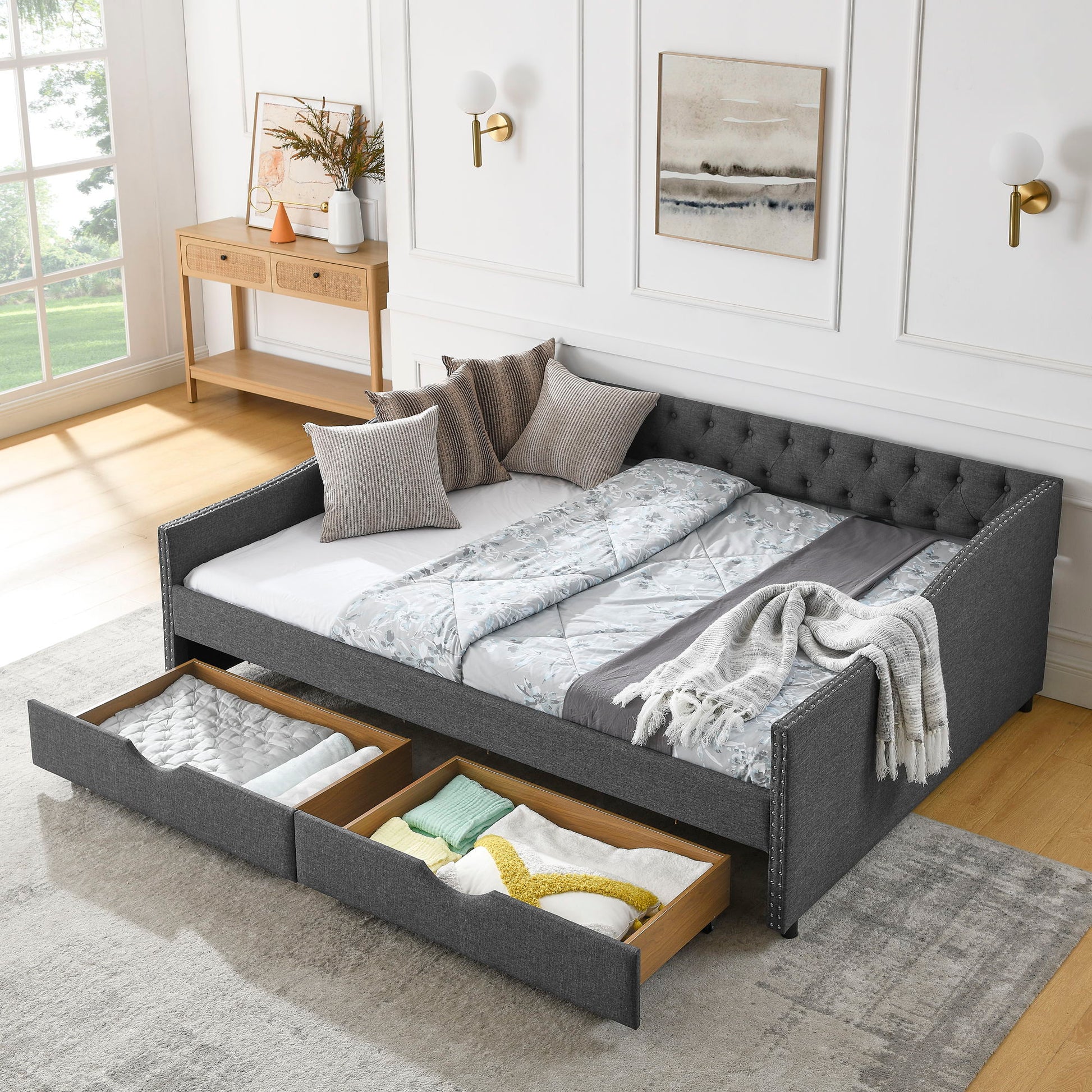 Upholstered Tufted Daybed With 2 Drawers, Waved Arms - The Sleep Loft - Online Mattress Showroom NYC