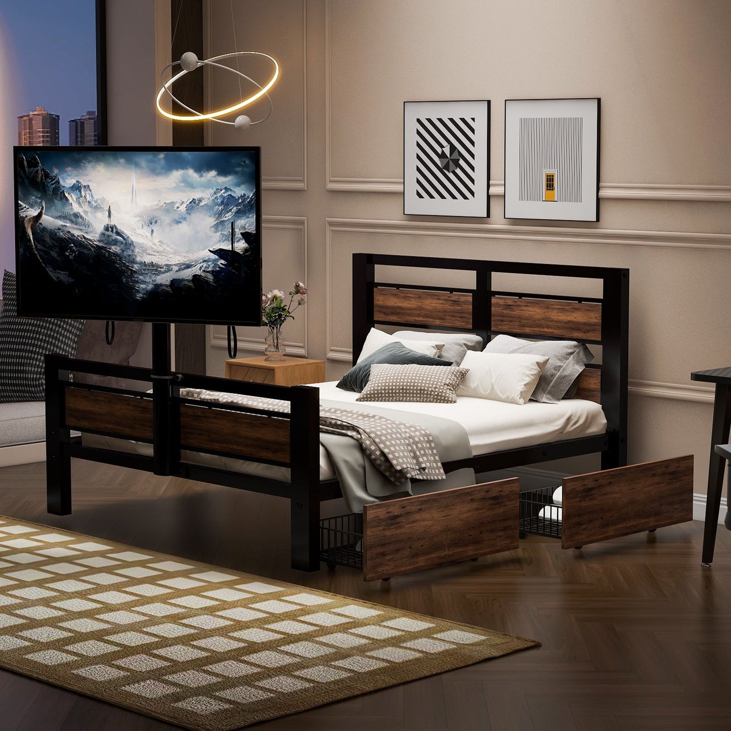 Twin Size Platform Bed With Headboard And Footboard, 2 Storage Drawers And Rotatable TV Stand - Black - The Sleep Loft - Online Mattress Showroom NYC