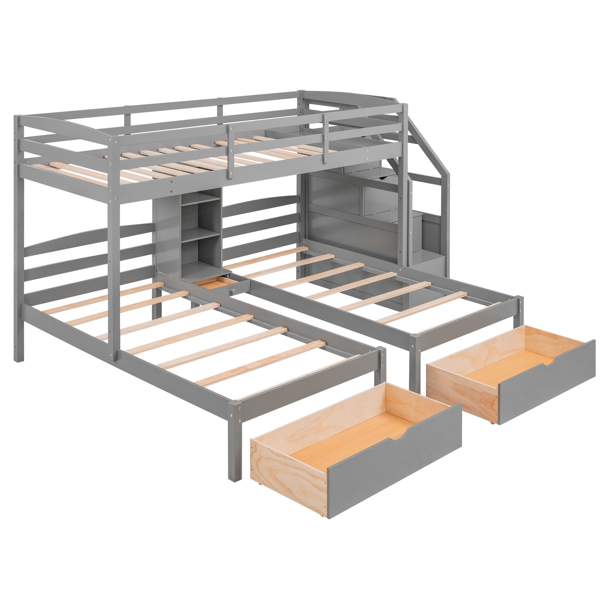 Twin Over Twin & Twin Bunk Bed With Drawers, Staircase Storage, Built In Shelves - Gray - The Sleep Loft - Online Mattress Showroom NYC