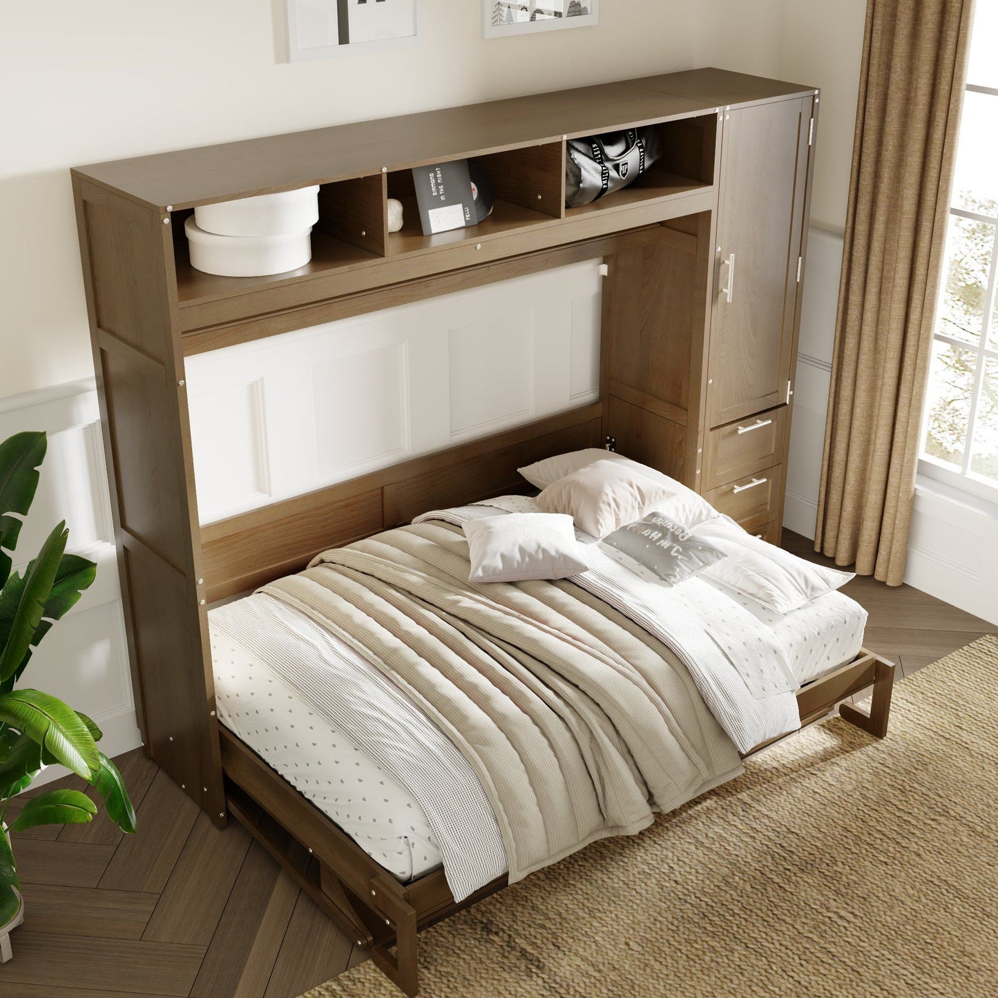 Full Size Murphy Bed With Wardrobe, Drawers, And Open Shelves - Wood - The Sleep Loft - Online Mattress Showroom NYC