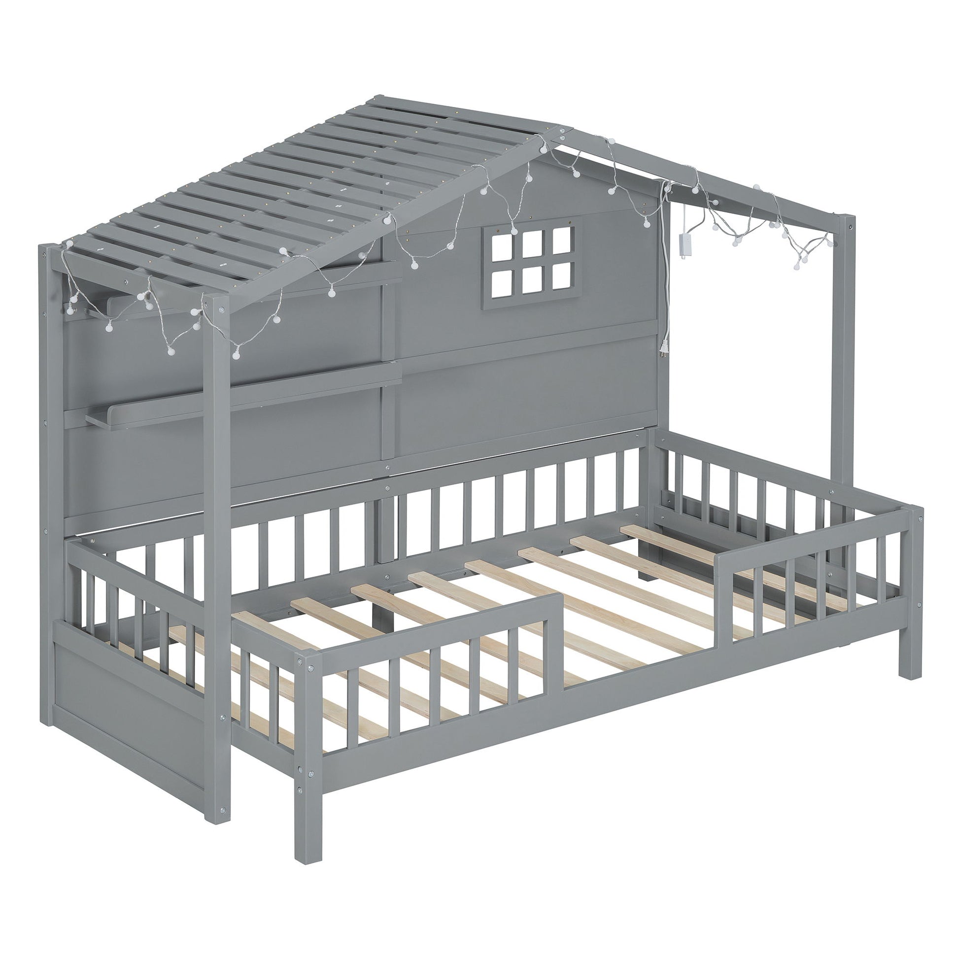 House Bed With Shelves, Window And Sparkling Light Strip On The Roof - The Sleep Loft - Online Mattress Showroom NYC