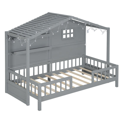 House Bed With Shelves, Window And Sparkling Light Strip On The Roof - The Sleep Loft - Online Mattress Showroom NYC