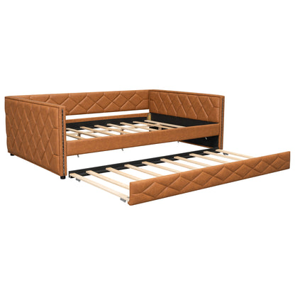 Upholstered Full Long Daybed With Trundle And LED Armrests - Brown - The Sleep Loft - Online Mattress Showroom NYC