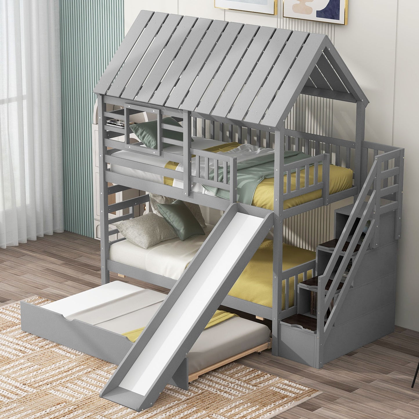 House Bunk Bed With Trundle, Storage Staircase, Roof And Window Design - The Sleep Loft - Online Mattress Showroom NYC
