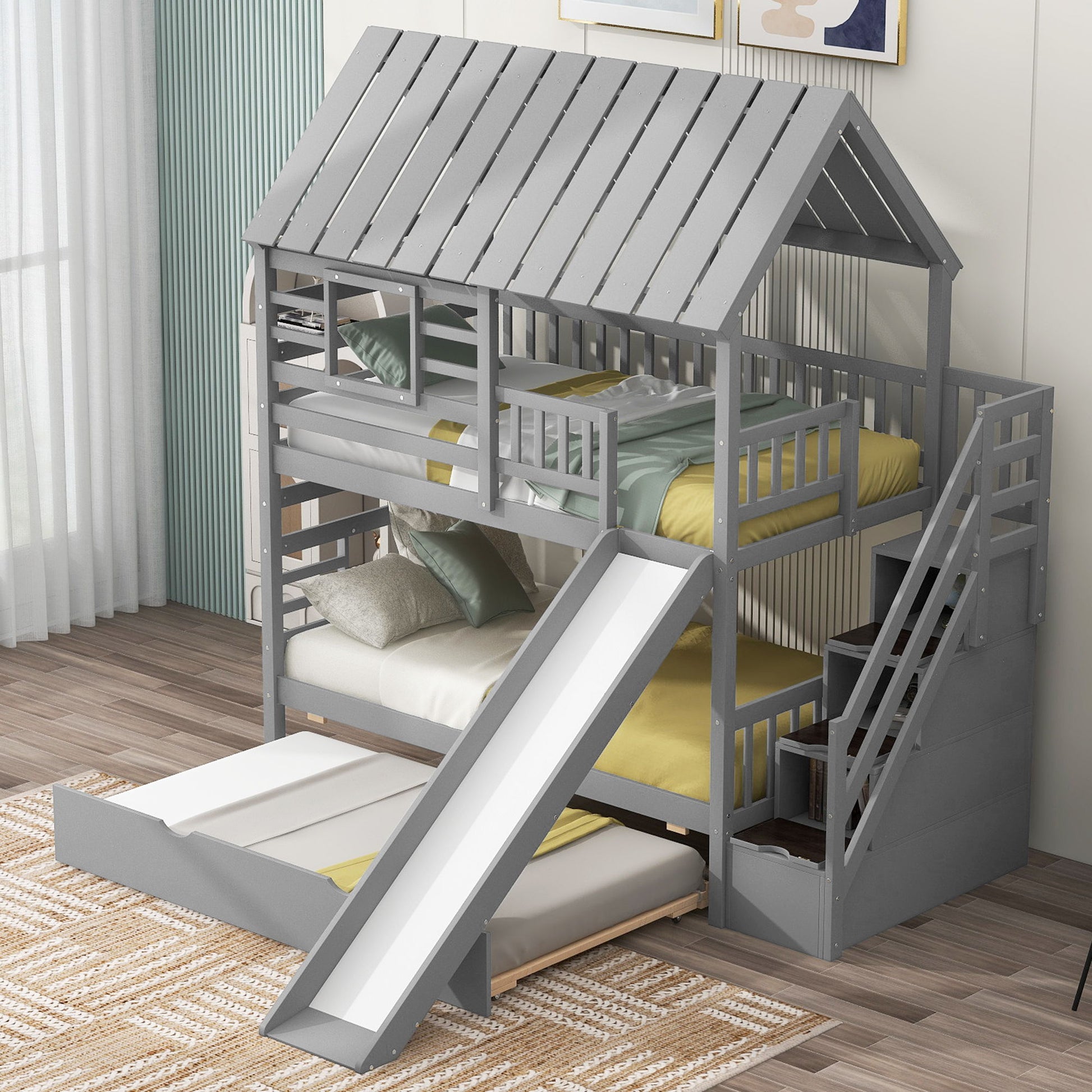 House Bunk Bed With Trundle, Storage Staircase, Roof And Window Design - The Sleep Loft - Online Mattress Showroom NYC