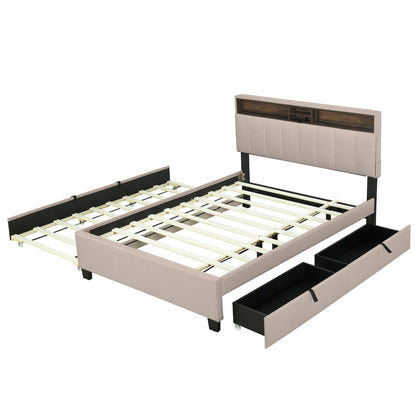 Upholstered Platform Bed With Storage Headboard, Trundle & 2 Drawers And A Set Of Sockets & USB Ports - The Sleep Loft - Online Mattress Showroom NYC