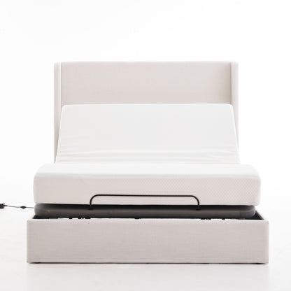 Caron - Queen Size Upholstered Wingback Bed With Adjustable Base Bundle Set - Ivory - The Sleep Loft - Online Mattress Showroom NYC