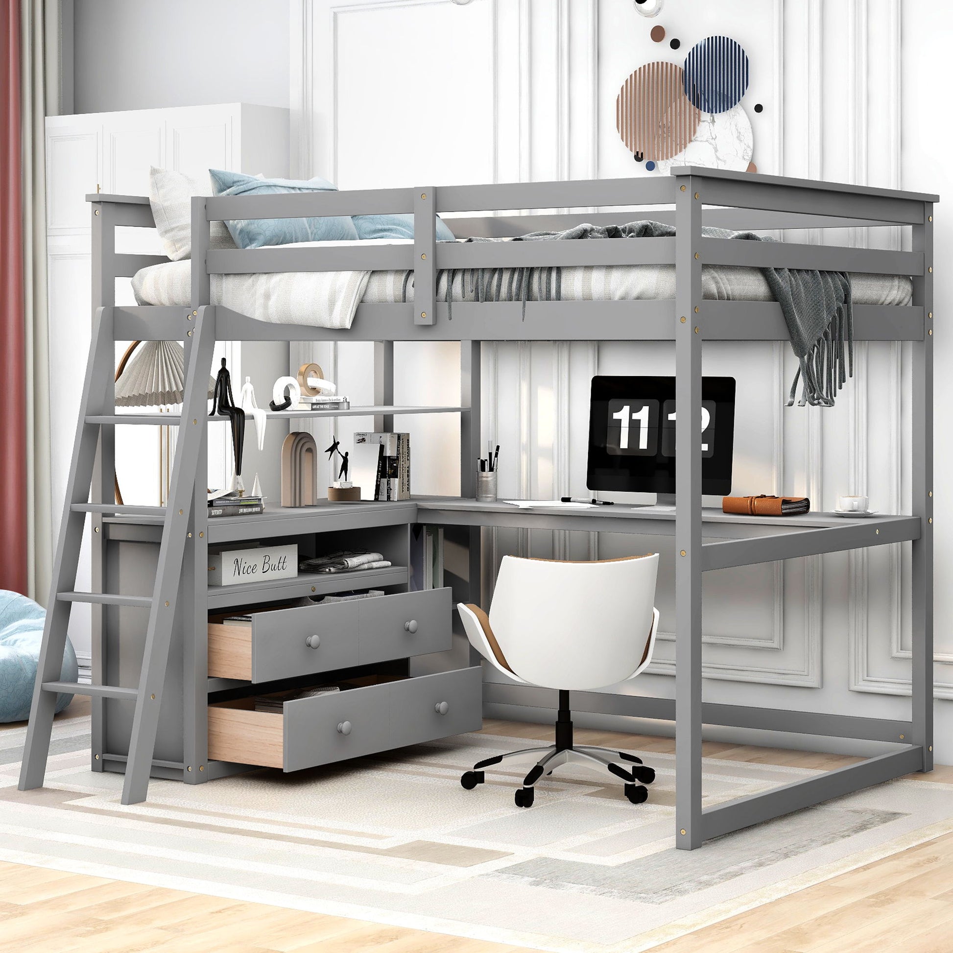 Modern Loft Bed With Built In Desk, Shelves, And 2 Drawers - The Sleep Loft - Online Mattress Showroom NYC