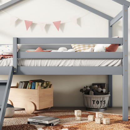 Low Loft House Bed With Slide, Ladder, Safety Guardrails, House Roof Frame - The Sleep Loft - Online Mattress Showroom NYC