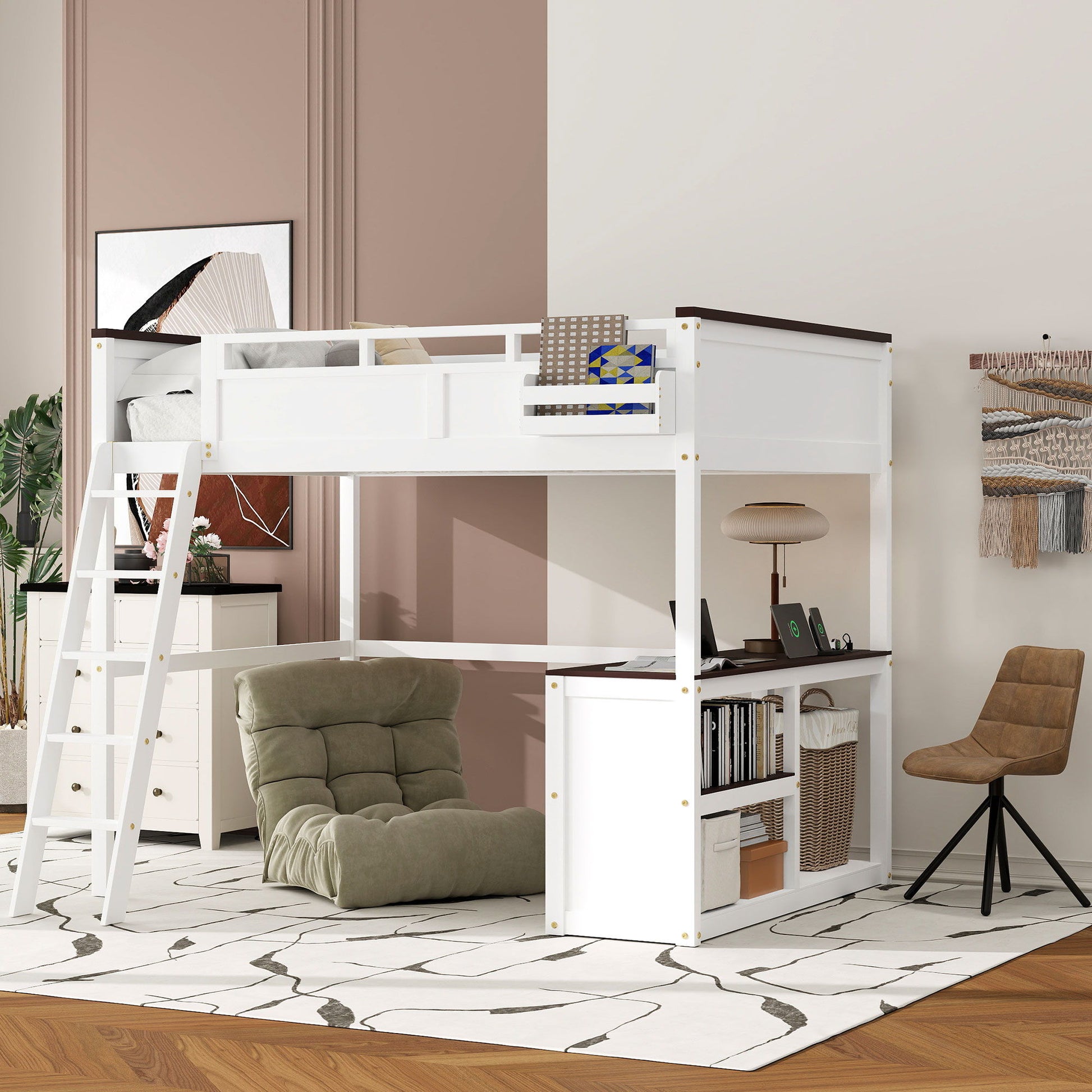 Queen Size Loft Bed With Desk, Open Shelf, Storage Box And USB Charging Station - White - The Sleep Loft - Online Mattress Showroom NYC