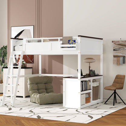 Queen Size Loft Bed With Desk, Open Shelf, Storage Box And USB Charging Station - White - The Sleep Loft - Online Mattress Showroom NYC
