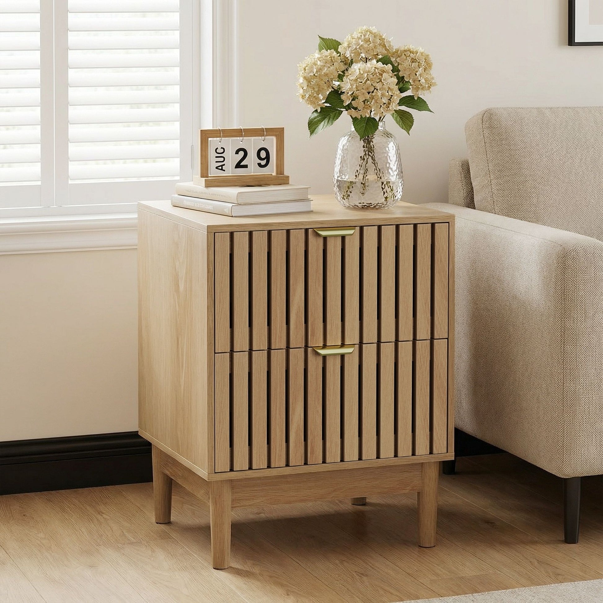Bedside Table With Grille Design And 2 Drawers, Side Table For Bedroom - Oak - The Sleep Loft - Online Mattress Showroom NYC