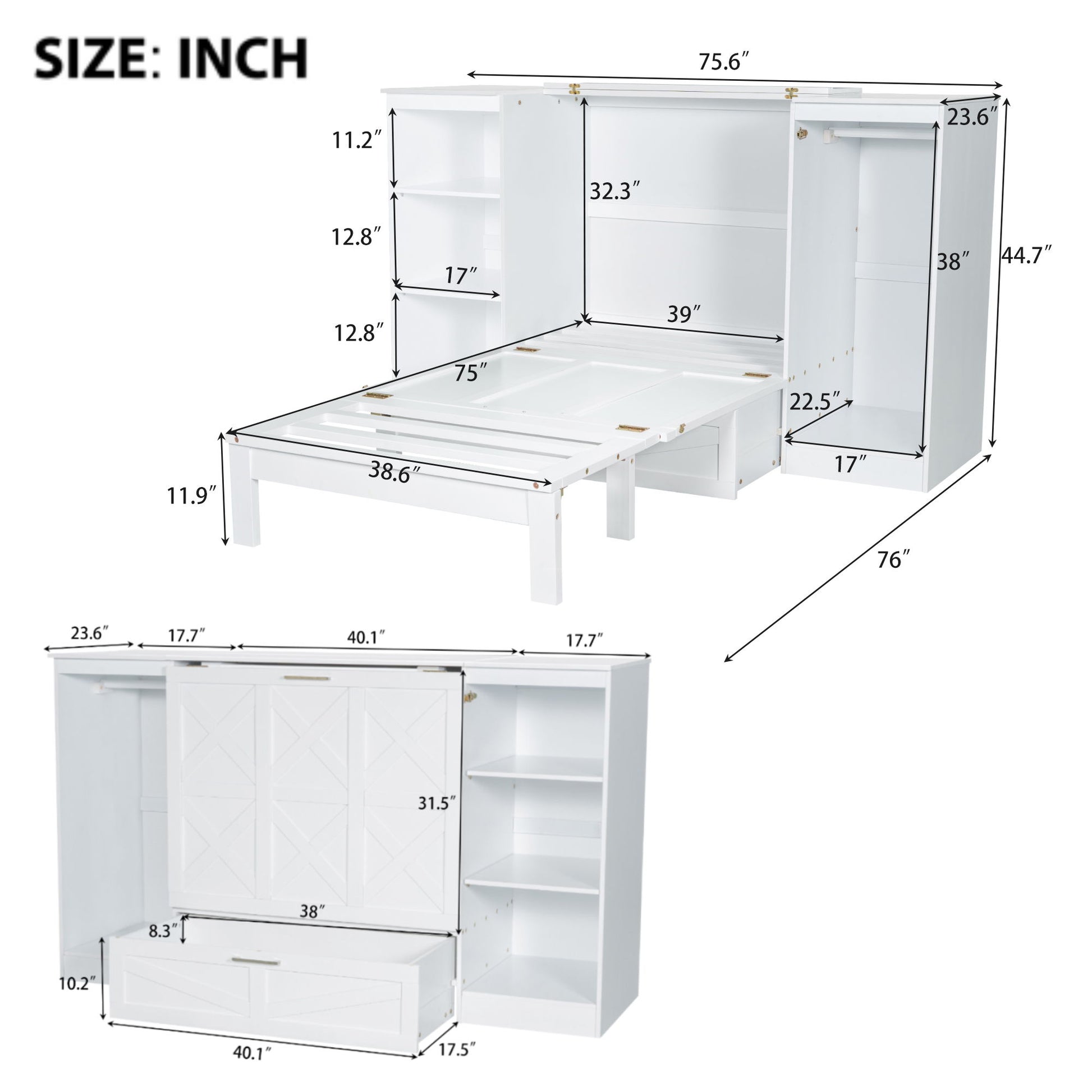 Twin Size Murphy Bed With Bedside Shelves And Wardrobe - White - The Sleep Loft - Online Mattress Showroom NYC