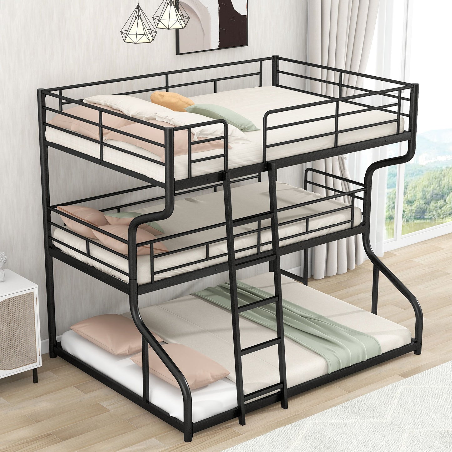 Industrial Triple Bunk Bed With Dual Ladders Frame, Space Saving Design - The Sleep Loft - Online Mattress Showroom NYC