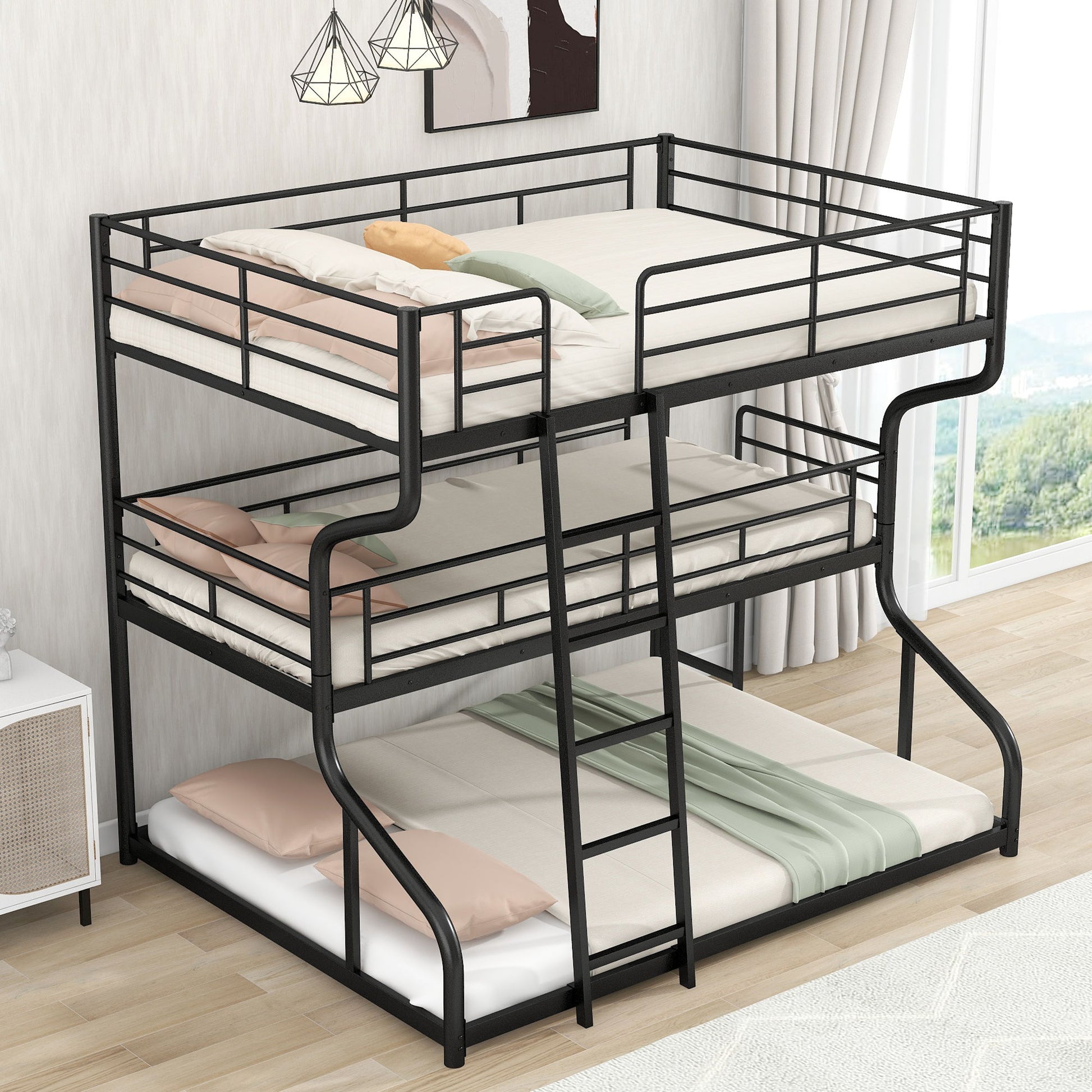 Industrial Triple Bunk Bed With Dual Ladders Frame, Space Saving Design - The Sleep Loft - Online Mattress Showroom NYC