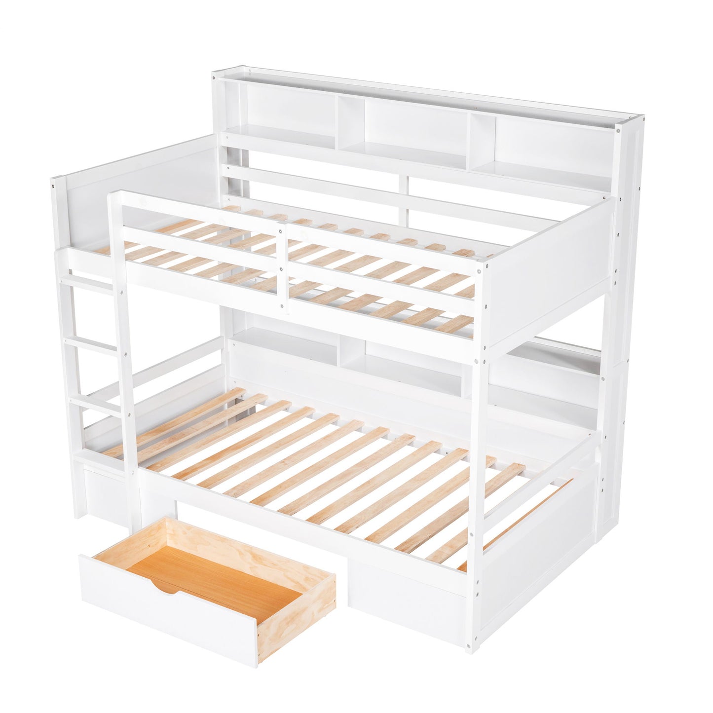 Twin Size Bunk Bed With Built-In Shelves Beside Both Upper And Down Bed And Storage Drawer - The Sleep Loft - Online Mattress Showroom NYC