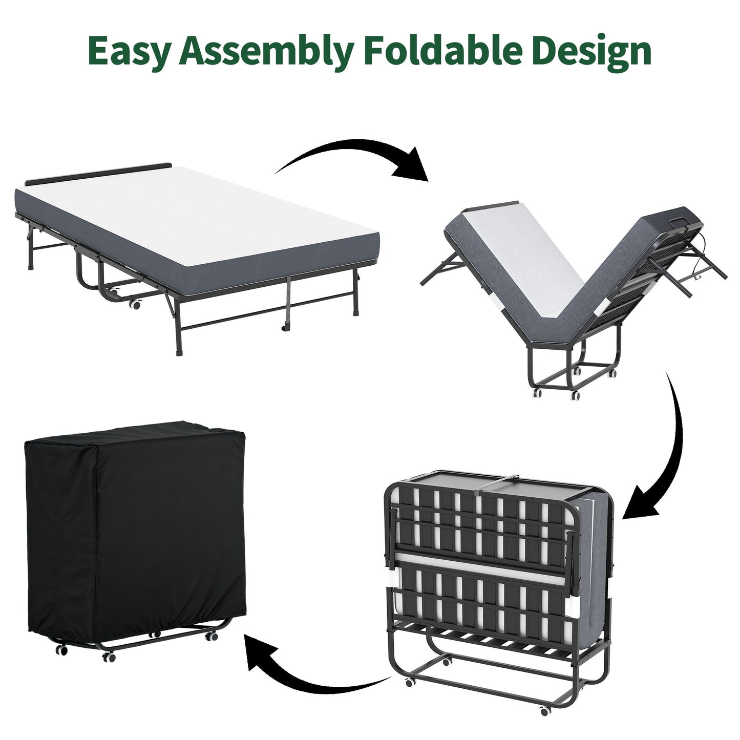 Twin Extra Long Folding Bed With Adjustable Headboard, Cot With Memory Foam Mattress - Black - The Sleep Loft - Online Mattress Showroom NYC