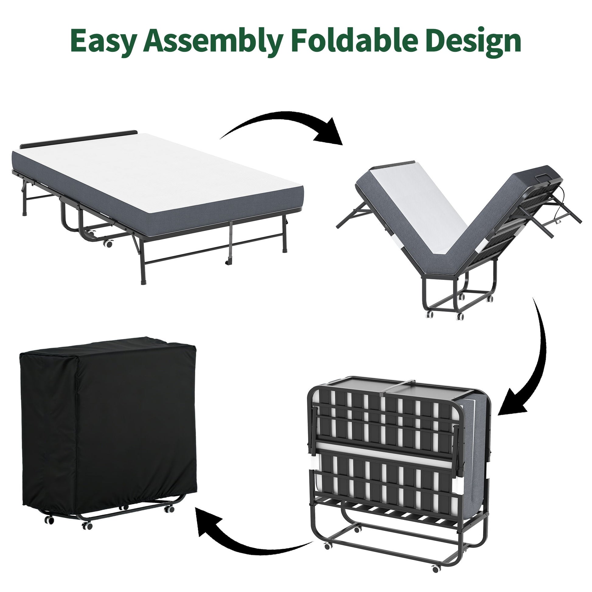 Twin Extra Long Folding Bed With Adjustable Headboard, Cot With Memory Foam Mattress - Black - The Sleep Loft - Online Mattress Showroom NYC