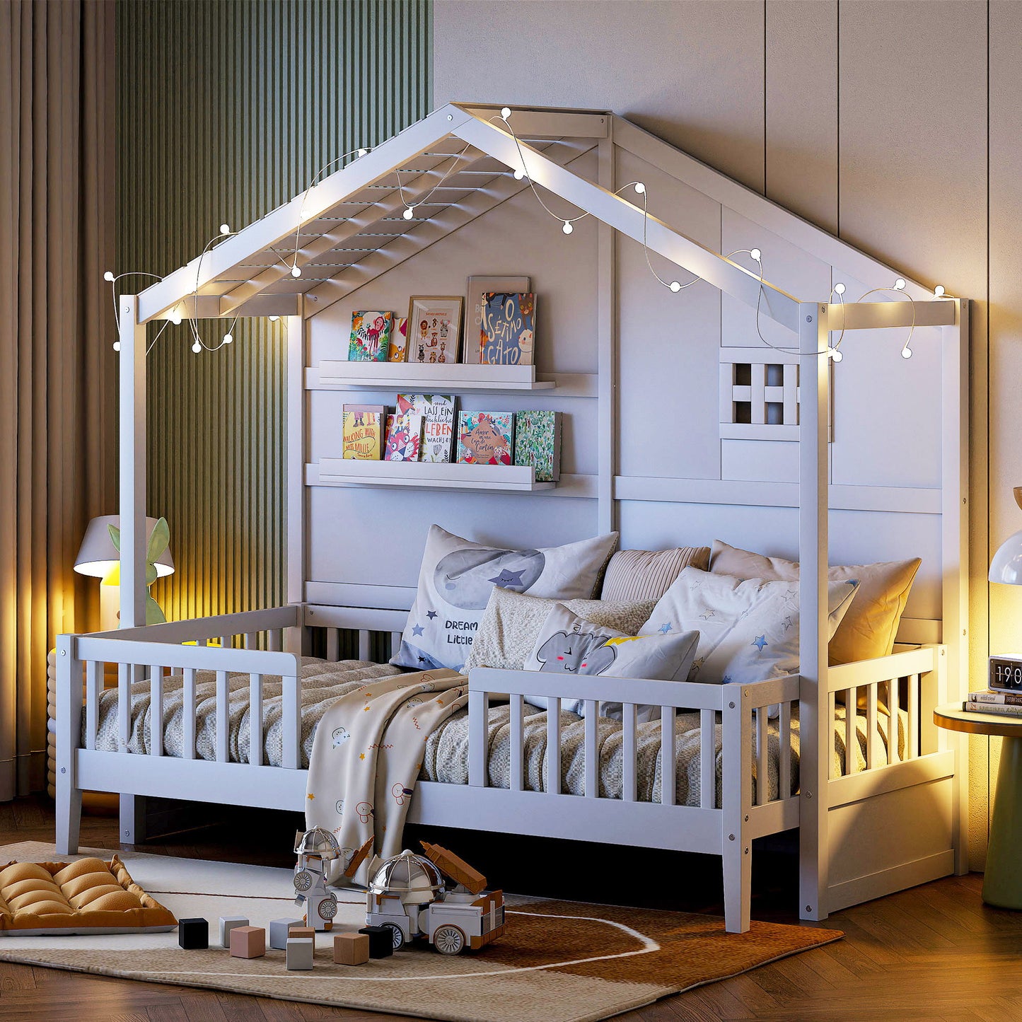 House Bed With Shelves, Window And Sparkling Light Strip On The Roof - The Sleep Loft - Online Mattress Showroom NYC