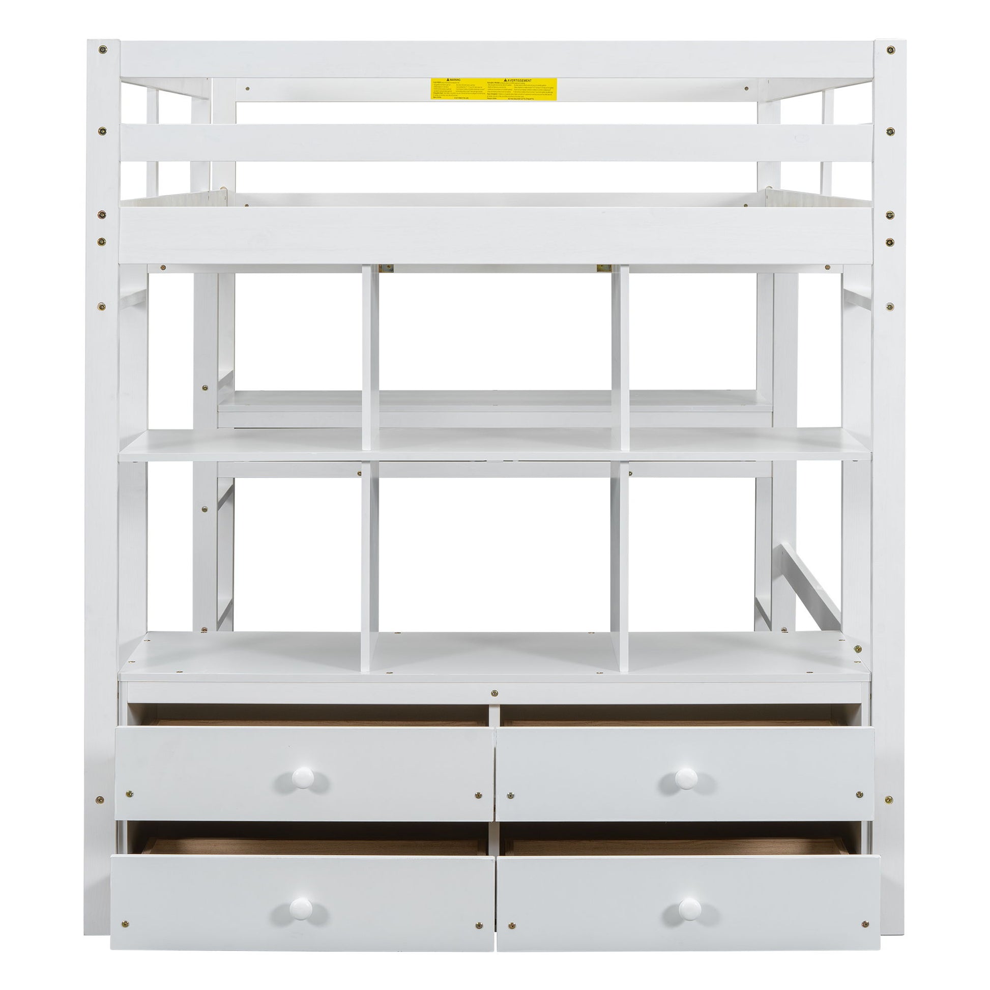 Full Size Loft Bed With Built In Desk, 2 Drawers, Storage Shelves - White - The Sleep Loft - Online Mattress Showroom NYC