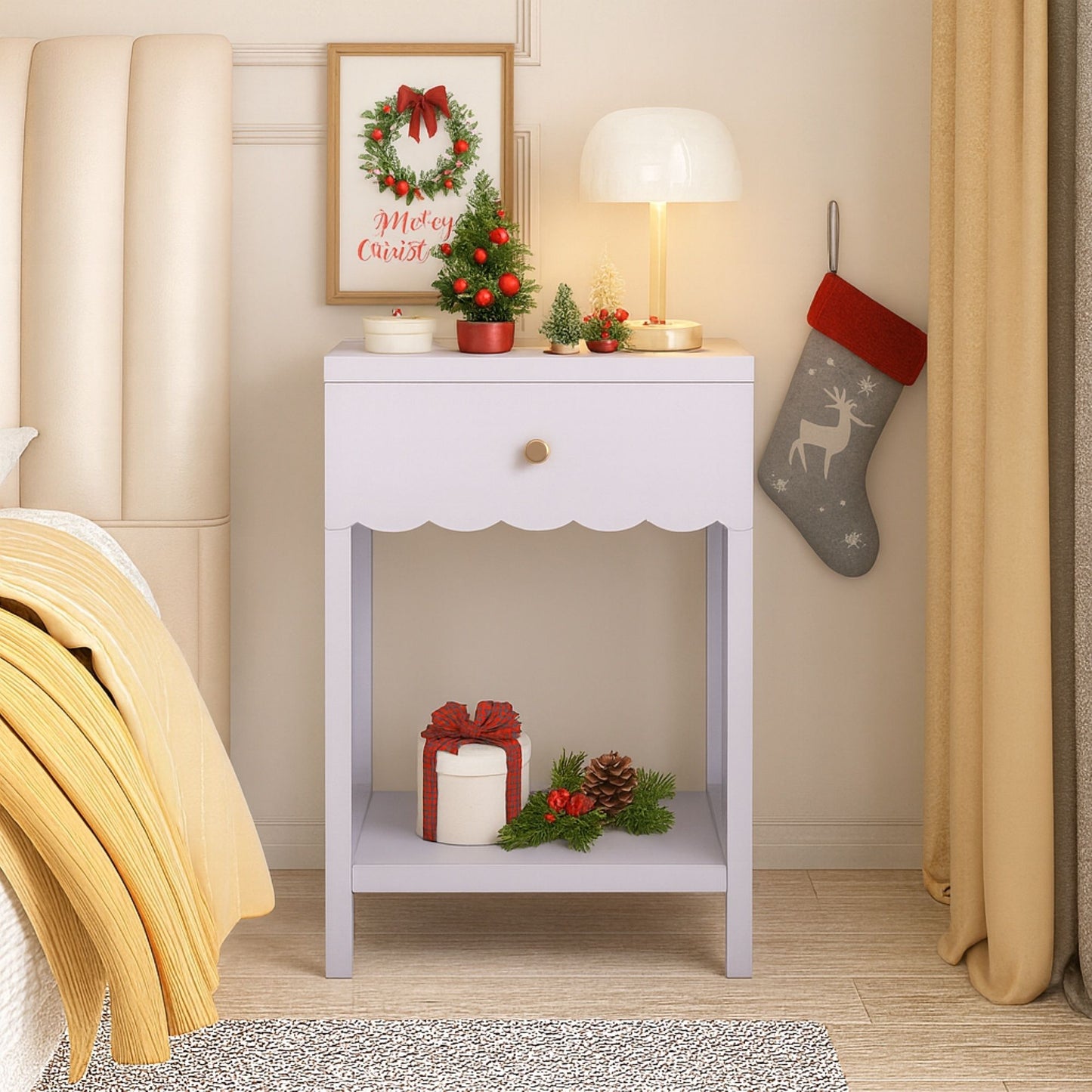 Nightstand With Drawer And Open Shelf, Scalloped Edge Bedside Table - The Sleep Loft - Online Mattress Showroom NYC