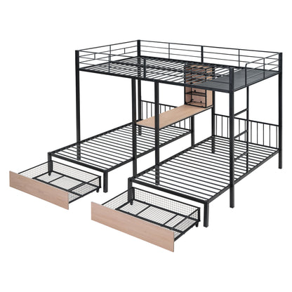 Triple Bunk Bed With Drawers, Multi-Functional Frame With Desks And Shelves In The Middle - The Sleep Loft - Online Mattress Showroom NYC